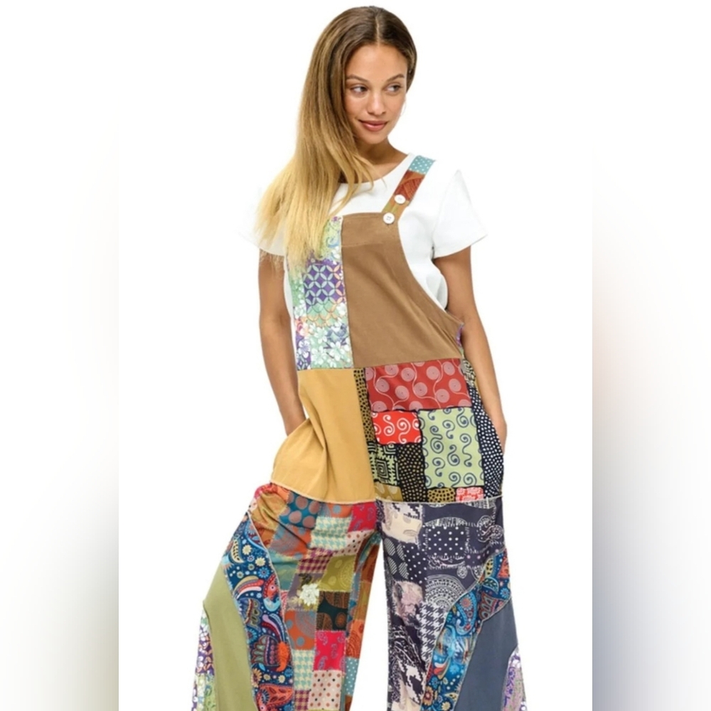 JS1 NWT Yak & Yeti Colorful Patchwork Overalls Adjustable Sm/Md Lg/XL Pockets - Picture 5 of 10